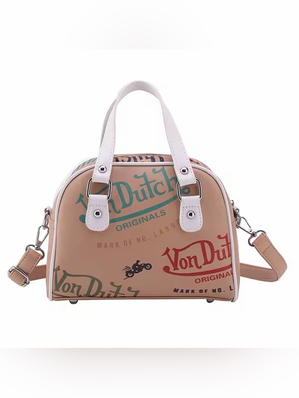 New designer inspired Beige Satchel with White Handles and Multicolor Logos